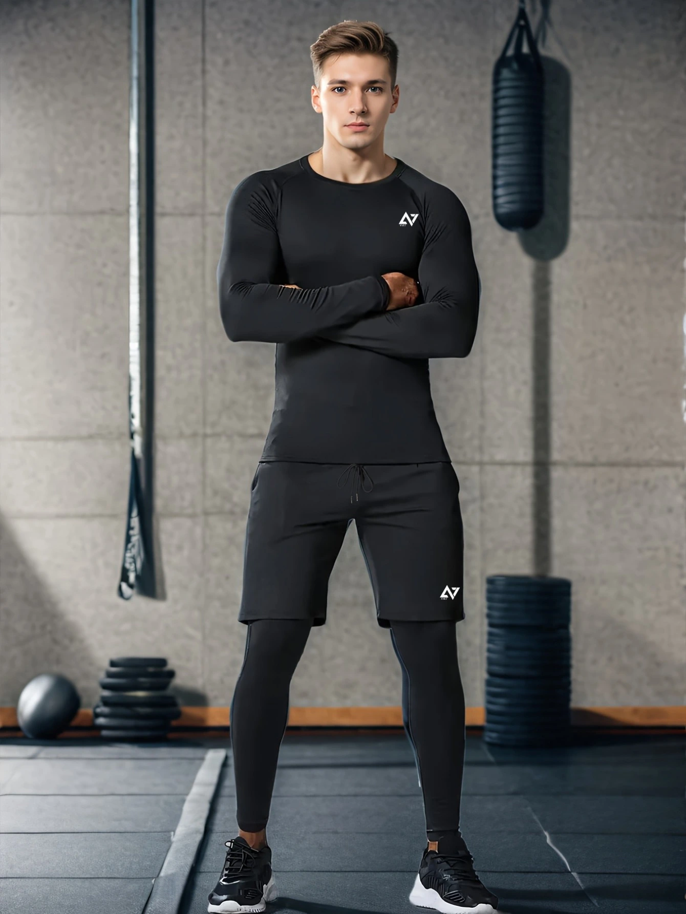 Ensemble de Sport Homme 2 Pièces (T-shirt à manches longues  + Short 2 en 1)