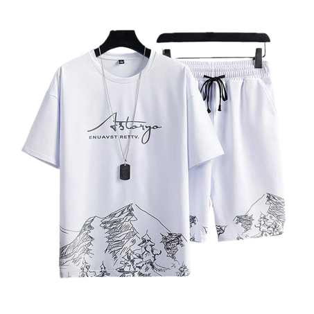 طقم سراويل قصيرة بأرجل واسعة مطبوعة على شكل مشهد جيوب ، بدلة رياضية عصرية ، امتصاص العرق ، 2 في كل مجموعة