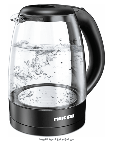 غلاية كهربائية بوعاء من الزجاج وهيكل زجاجي شفاف من نيكاي، قدرة 2200 واط، سعة 1.7 لتر | موديل رقم NK323G، ضمان لمدة عامين كحد ادنى