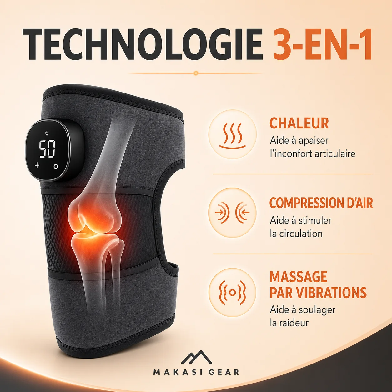 Genou Kimia 3-en-1, Le masseur chauffant qui combine chaleur, vibration et compression pour aider vos articulations à se détendre. ( Kinshasa )