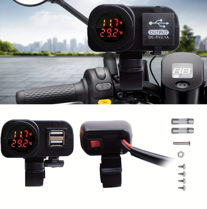 Chargeur USB Double pour Moto avec Alimentation Rapide 3.1A, Affichage de Température