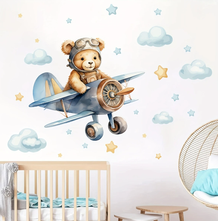 Autocollant Mural Auto-Adhésif Vinyle Ours & Avion Aquarelle