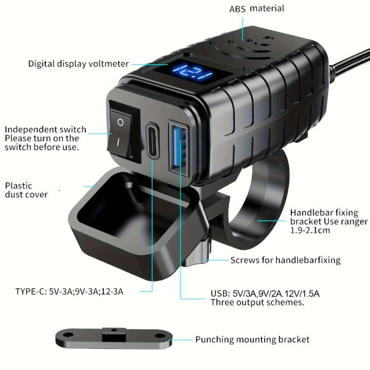 Chargeur de Téléphone pour Guidon de Moto - Jauge de tension