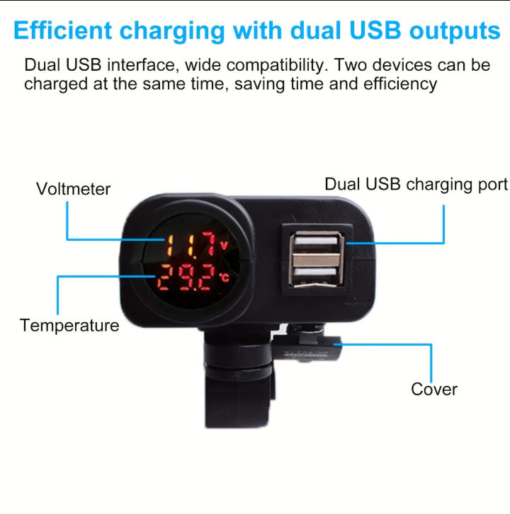 Chargeur USB Double pour Moto avec Alimentation Rapide 3.1A, Affichage de Température