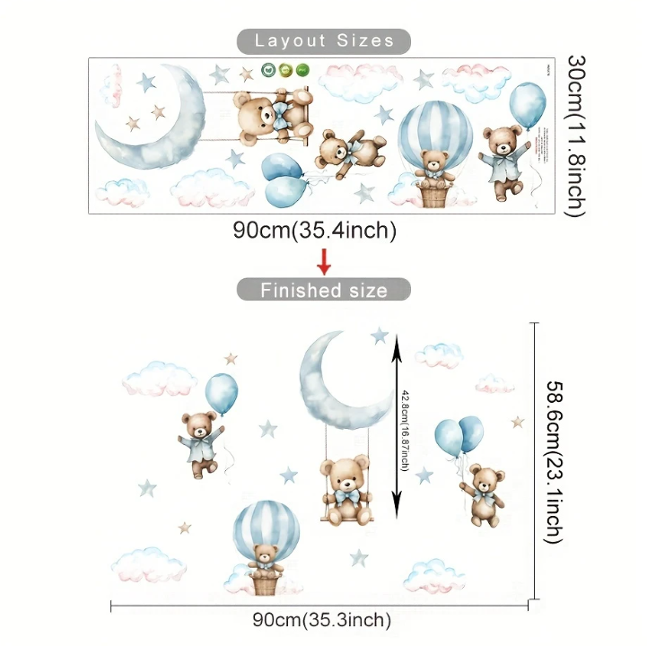 Autocollant Mural Auto-Adhésif Vinyle Ours Ballon à Air Chaud Bleu