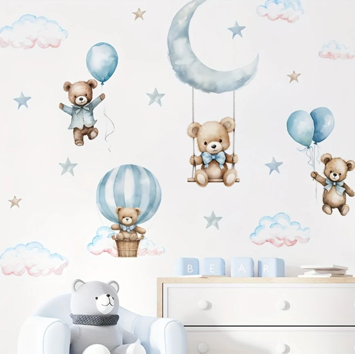 Autocollant Mural Auto-Adhésif Vinyle Ours Ballon à Air Chaud Bleu
