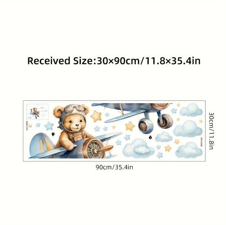 Autocollant Mural Auto-Adhésif Vinyle Ours & Avion Aquarelle