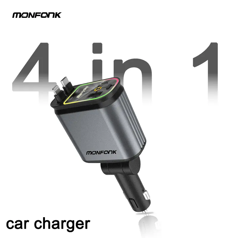 Chargeur de voiture rétractable 4 en 1 Chargeur mobile rapide 66W avec lumière étoilée USB-C lightning câble de charge rapide Organisateur Adaptateur de voiture B1
