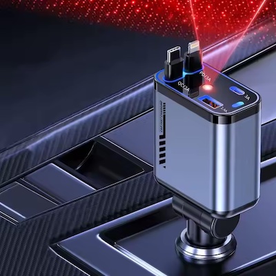 Chargeur de voiture rétractable 4 en 1 Chargeur mobile rapide 66W avec lumière étoilée USB-C lightning câble de charge rapide Organisateur Adaptateur de voiture B1