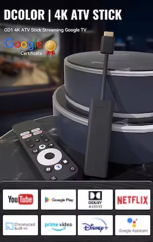 DCOLOR Stick TV 4K S905Y4, Box Décodeur ATV smart Avec Télécommande Vocale, Double WiFi 5G, Android 11