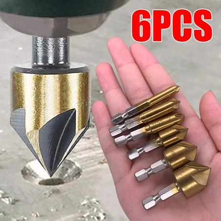 Jeu de forets à fraise 1/4 pouces à tige hexagonale HSS 5 cannelures fraise à 90 degrés chanfrein de coupe en bois 6mm-19mm 3/6 pièces