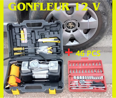 gonfleur 12 volt pour voiture + boite à outils 46 pcs