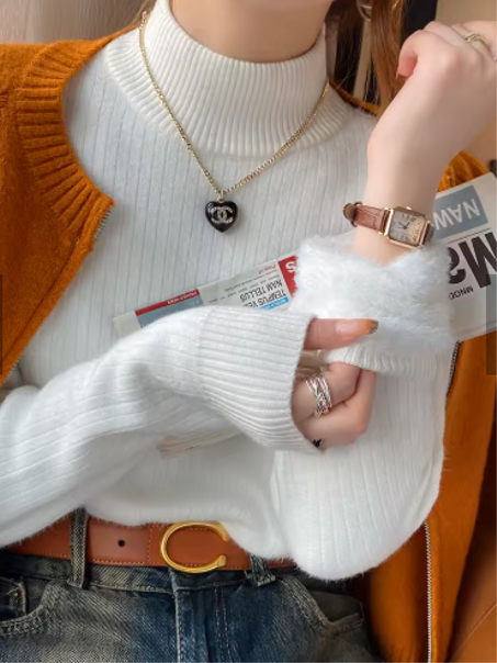 سترة نسائية بياقة مدورة شتاء 2024 ريترو أحمر مع بطانة مخملية ملابس داخلية سميكة قميص قاع حياكة حرارية