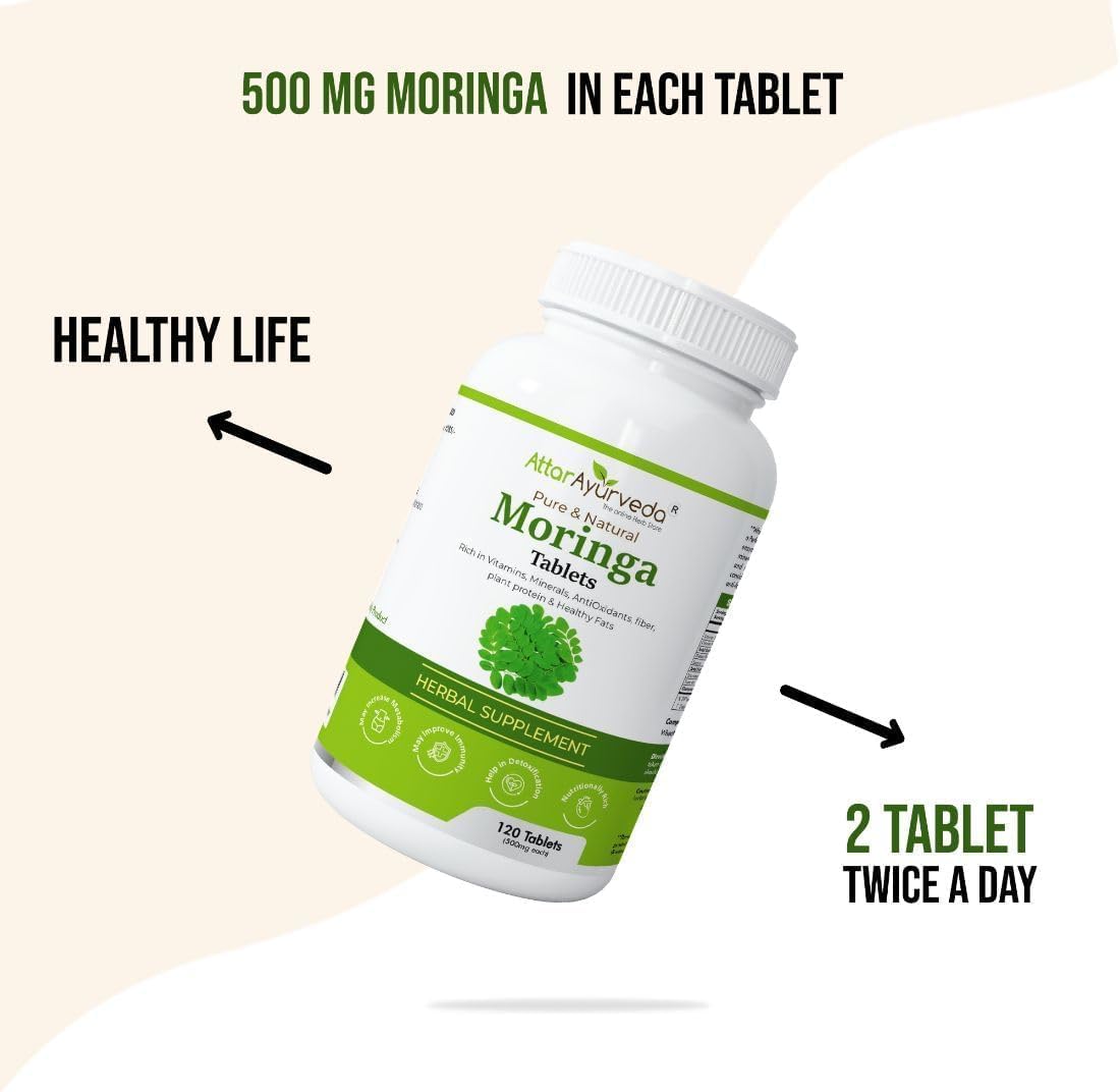 أقراص عطار أيورفيدا مورينجا ١٢٠ قرصًا، ٥٠٠ ملغ لكل قرص | أقراص أوراق الطبل | نقية وطبيعية، غنية بالعناصر الغذائية