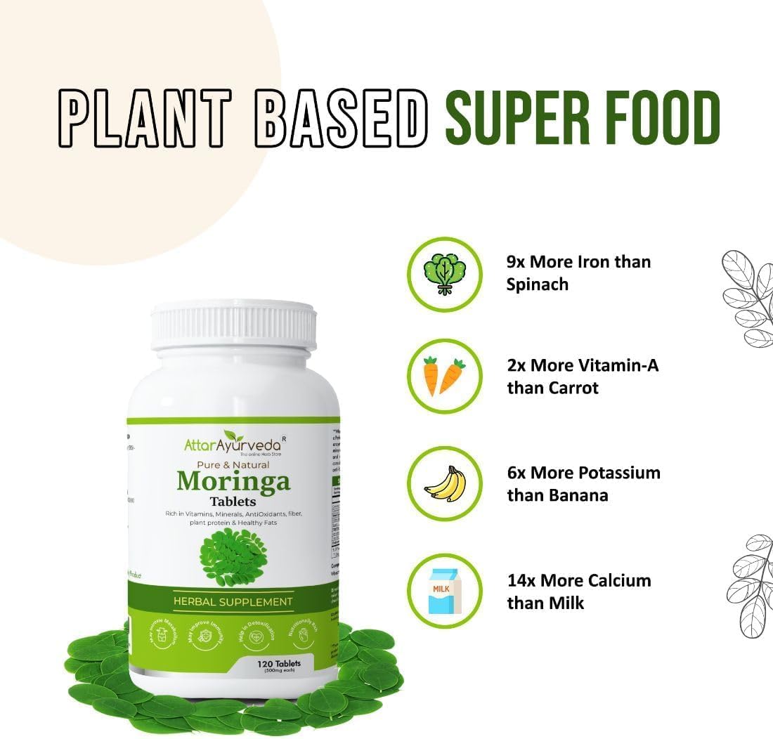 أقراص عطار أيورفيدا مورينجا ١٢٠ قرصًا، ٥٠٠ ملغ لكل قرص | أقراص أوراق الطبل | نقية وطبيعية، غنية بالعناصر الغذائية