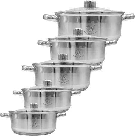 Royal Swiss® 10-Piece Stainless Steel 5-Layer Cookware Set, Stock Pot with Glass Lid, Suitable for All Heat Sources Including Induction. (argent, 10)
