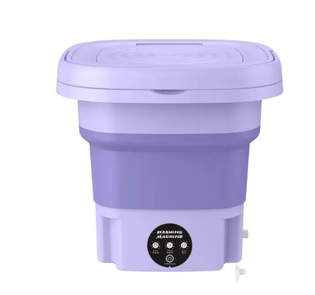 غسالة صغيرة قابلة للطي يمكن استخدامها لغسل الملابس أثناء التنقل.