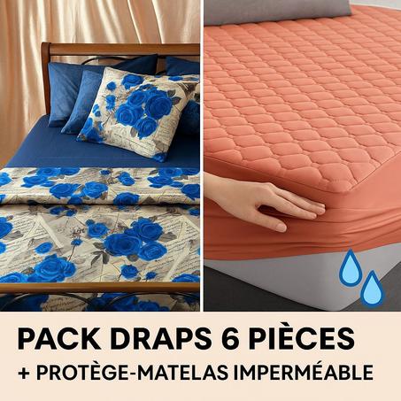 Pack draps en 6 piece + protege matelas impermiable
