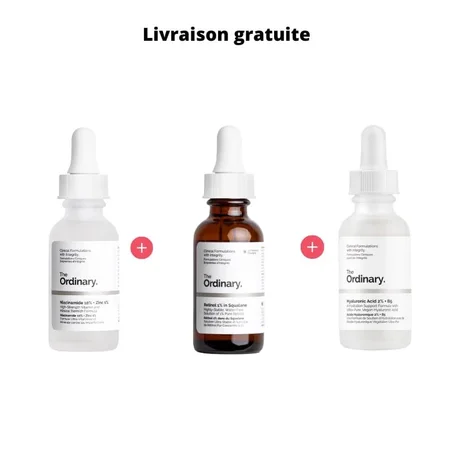 Pack "Anti âge  + Livraison gratuite" : Niacinamide (30ml) + Rétinol (30ml) + Acide Hyaluronique (30ml)