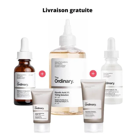 Pack "Glass skin + Livraison Gratuite " :  Rétinol (30ml) +Hyaluronique (30ml) + Glycolique Acide (240ml)  + Gel Nettoyant (50)  + Crème hydratante (30ml)