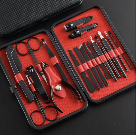 Ensemble de Manucure et Pédicure en Acier Inoxydable (trousse noir rouge)