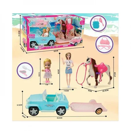 Poupée de 28cm, articulée, avec fille 15,5cm, cheval 24,5cm, voiture avec remorque 62,5cm, accessoires