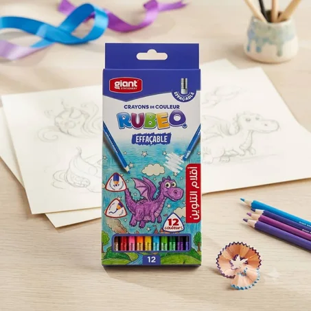 CRAYON COULEUR RUBEO EFFACABLE AVEC GOMME DE 12 GM * G-2428
