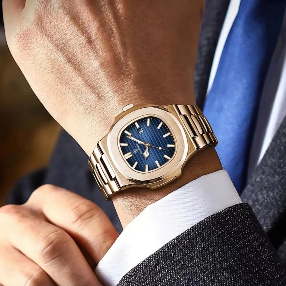 Hot Sale 613 Gold Color Luxury Fashion Quartz Watch for Men Business Stainless Steel Waterproof Luminous Date Square Men