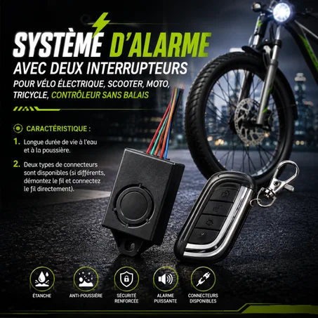 Système d'alarme avec deux interrupteurs pour vélo électrique, scooter, moto, tricycle, contrôleur sans balais