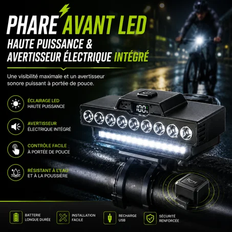Phare Avant LED Haute Puissance & Avertisseur Électrique Intégré