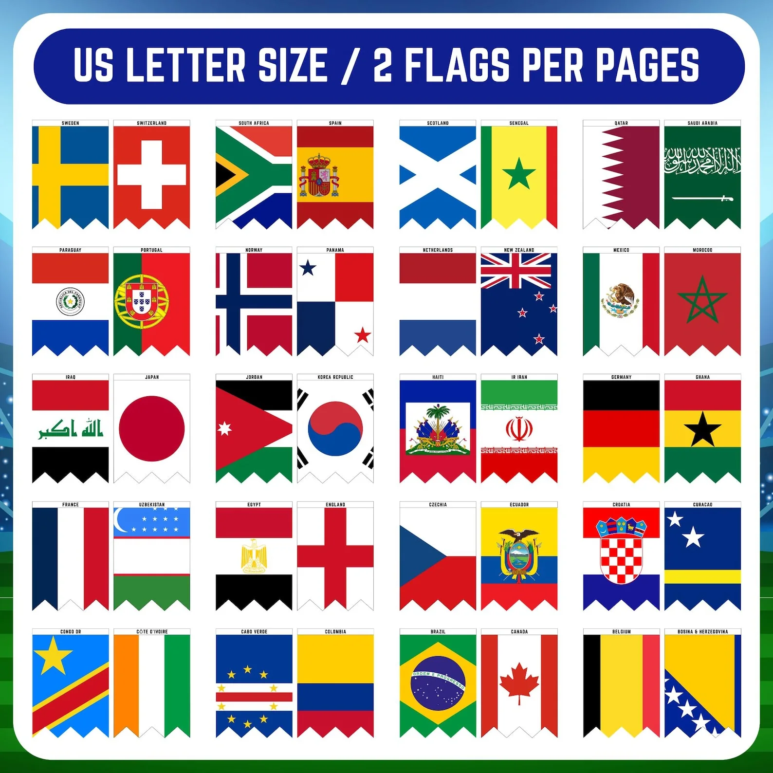 Printable 2026 World Cup flag banner, pennant flags for football decoration, football party decoration, 48 qualified countries, instant PDF download