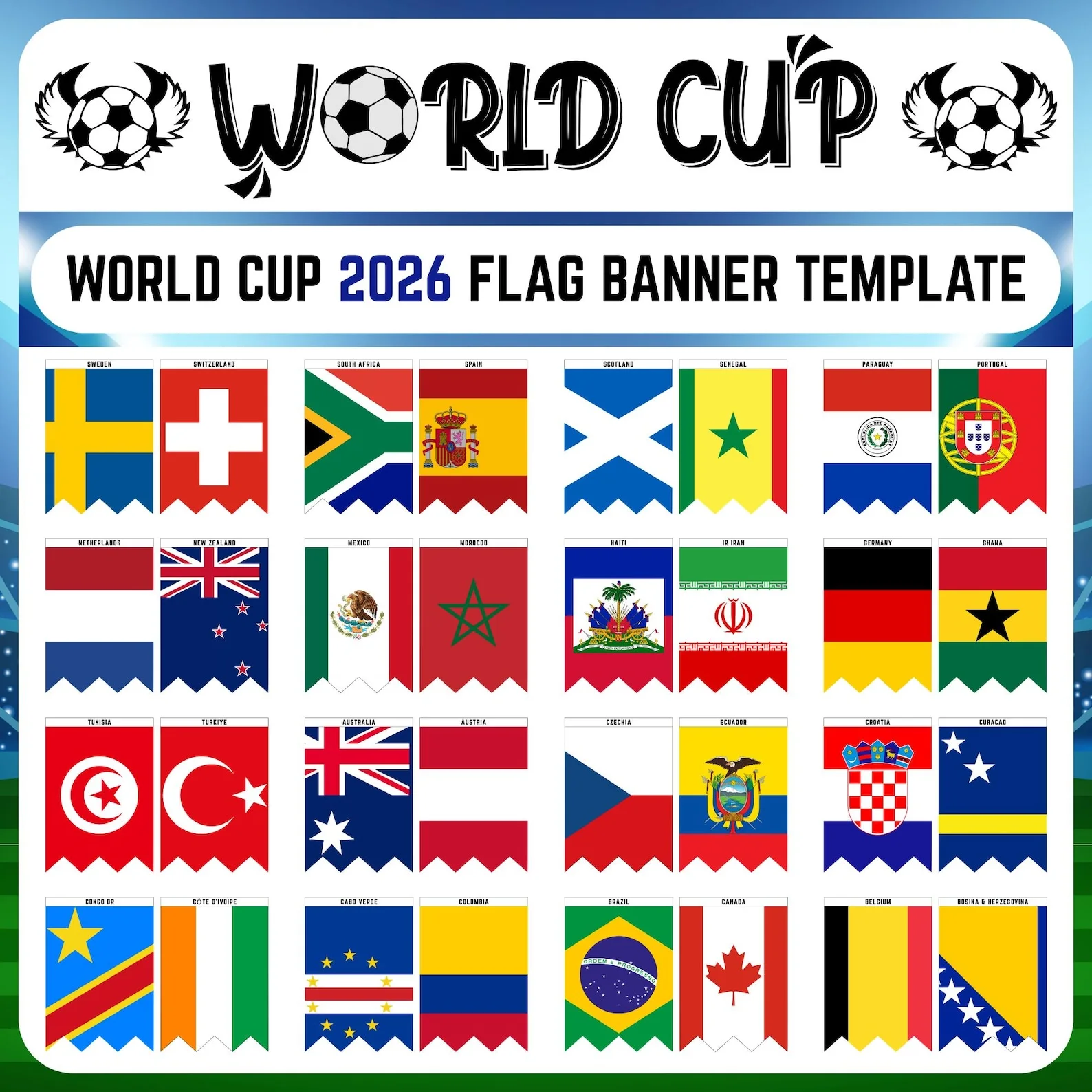 Printable 2026 World Cup flag banner, pennant flags for football decoration, football party decoration, 48 qualified countries, instant PDF download