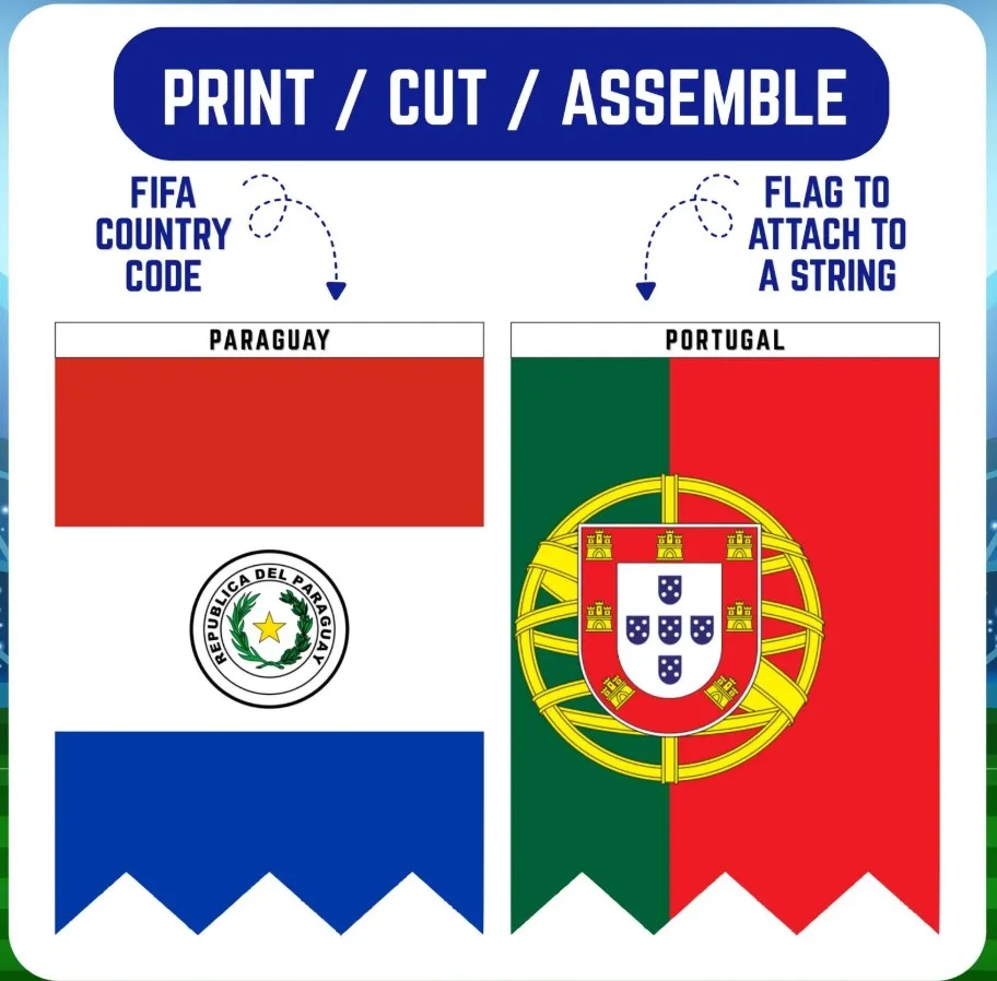 Printable 2026 World Cup flag banner, pennant flags for football decoration, football party decoration, 48 qualified countries, instant PDF download