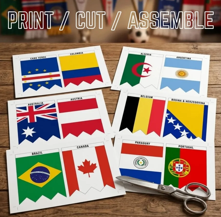 Printable 2026 World Cup flag banner, pennant flags for football decoration, football party decoration, 48 qualified countries, instant PDF download