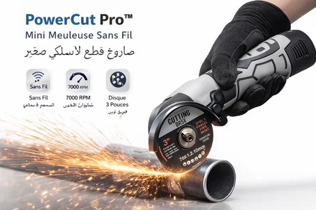 PowerCut Pro™ – Mini Meuleuse Sans Fil 7000 RPM Haute Performance  صاروخ قطع صغير وقوي بسرعة 7000 دورة في الدقيقة، مثالي لقطع الحديد والمعادن بدقة عالية.
