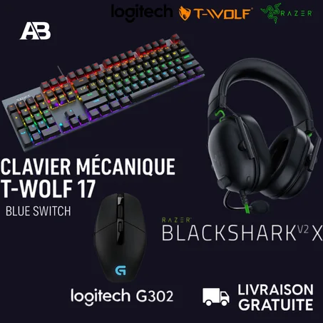 T-WOLF 17 Blue Switch + Razer BlackShark V2 X + Logitech G302 - Pro Player