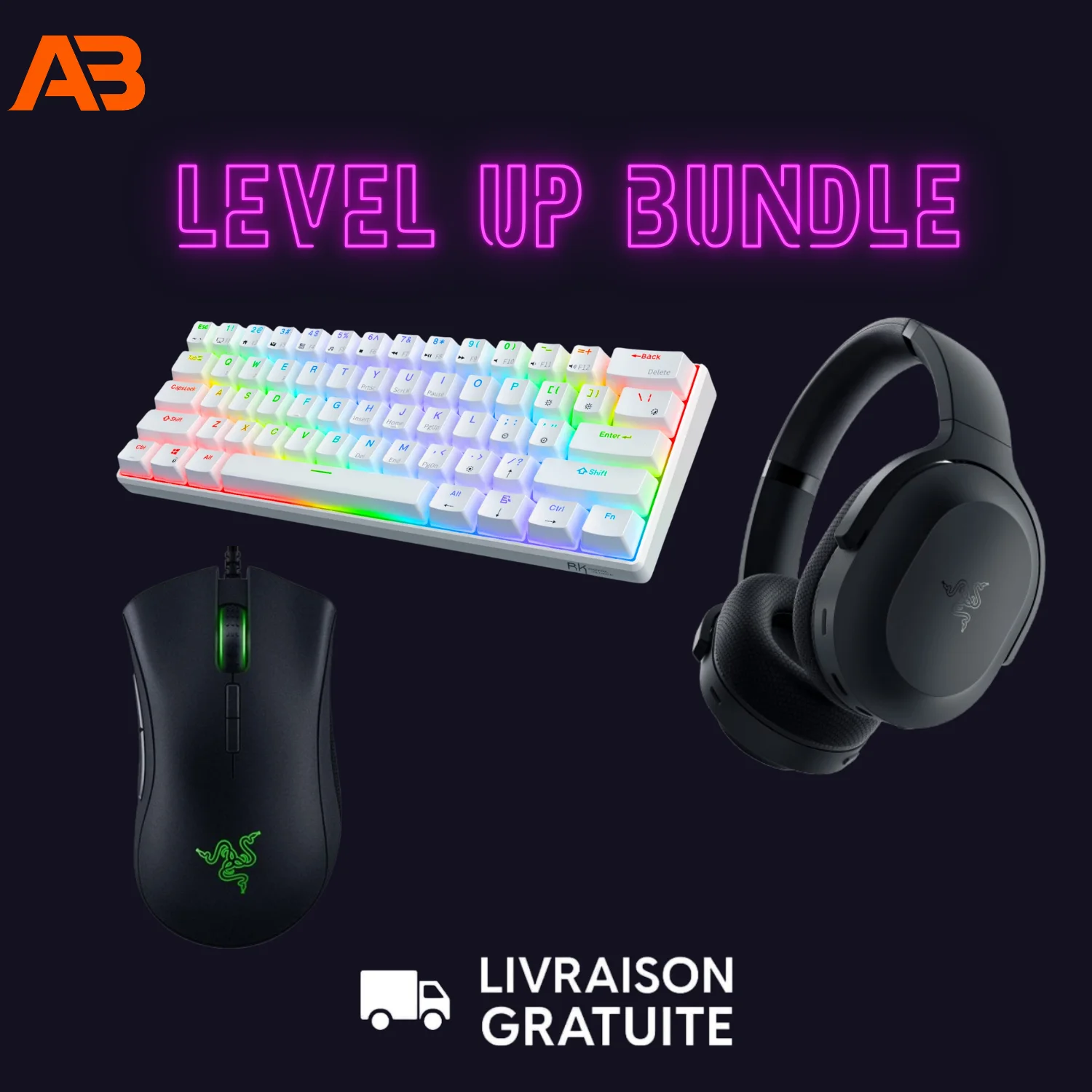 Clavier blanc 60% + Souris filaire + Casque sans fil ( micro)