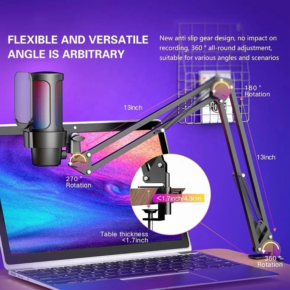 M8 USB Gaming Condenser Microphone RGB FOR Desktop PS4/PS5/ANDROID/MAC Streaming Wired Mic with Noise Cancellation, Computer PC (black)