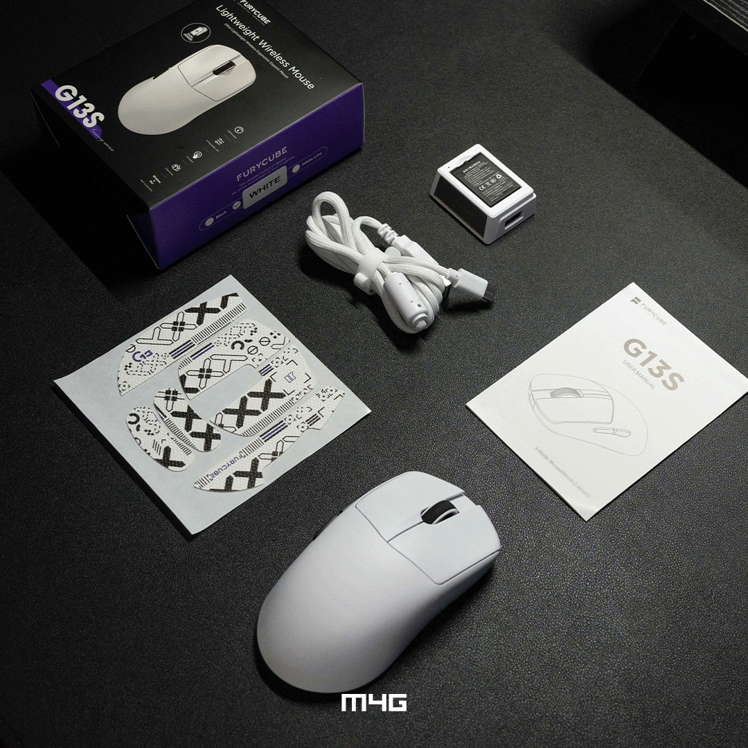 M4G x FURYCUBE G13S Wireless Gaming Mouse with Swappable Battery (White)