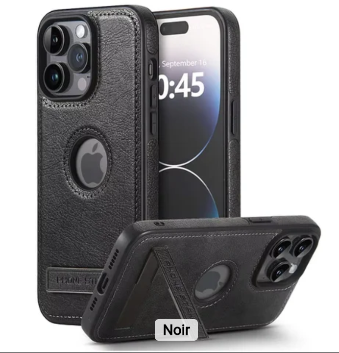 Coque de Protection iPhone avec Pied Repliable – Finition Cuir Luxe