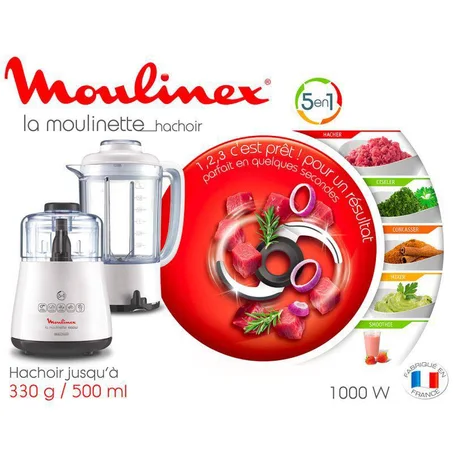 Moulinex La Moulinette 5 en 1 – Hachoir & Mixeur Multifonction 1000W – Fabriqué en France
