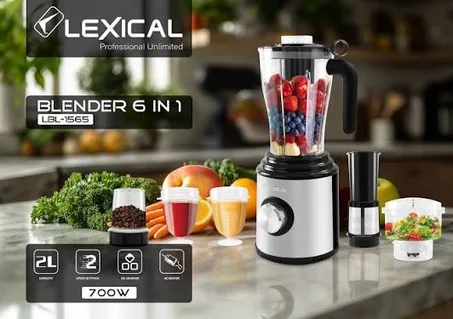 خلاط LEXICAL 6 فـ 1 بقوة 700W مع وعاء 2 لتر وإكسسوارات متعددة للاستعمالات