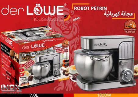 Robot Pétrin Professionnel der LÖWE 7L – 1800W, Inox Haute Performance, Multi-Vitesse avec Accessoires Multiples