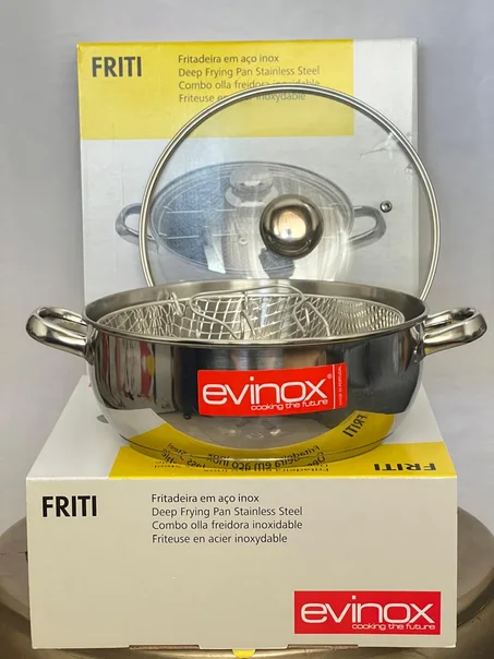 FRITI Evinox – مقلاة القلي العميق من الستانلس ستيل مع سلة وغطاء زجاجي | قلية صحية وآمنة فالدار