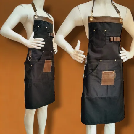 مريلة (مئزر ) بأحزمة جلد صناعي & حلقات - خياطة مزدوجة - الشيف، الطباخ، ، النادل، الحلاق