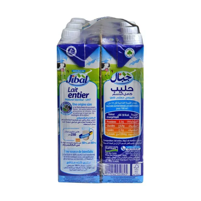 Lait entier naturel stérilisé UHT 6x1L - JIBAL