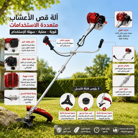 آلة إزالة الأعشاب الاحترافية بمحرك بنزين 40.2CC – متعددة الرؤوس