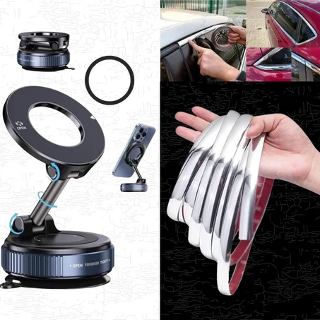 باك 2026 – حامل هاتف مغناطيسي 360° + شريط كروم 15م لحماية وتزيين السيارة
