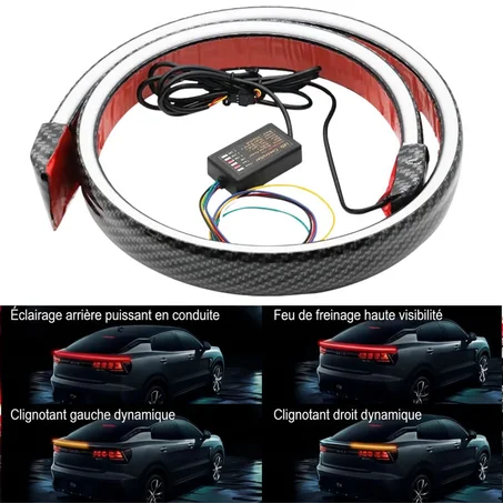 Bande lumineuse arrière au design carbone – feux stop et clignotants dynamiques.