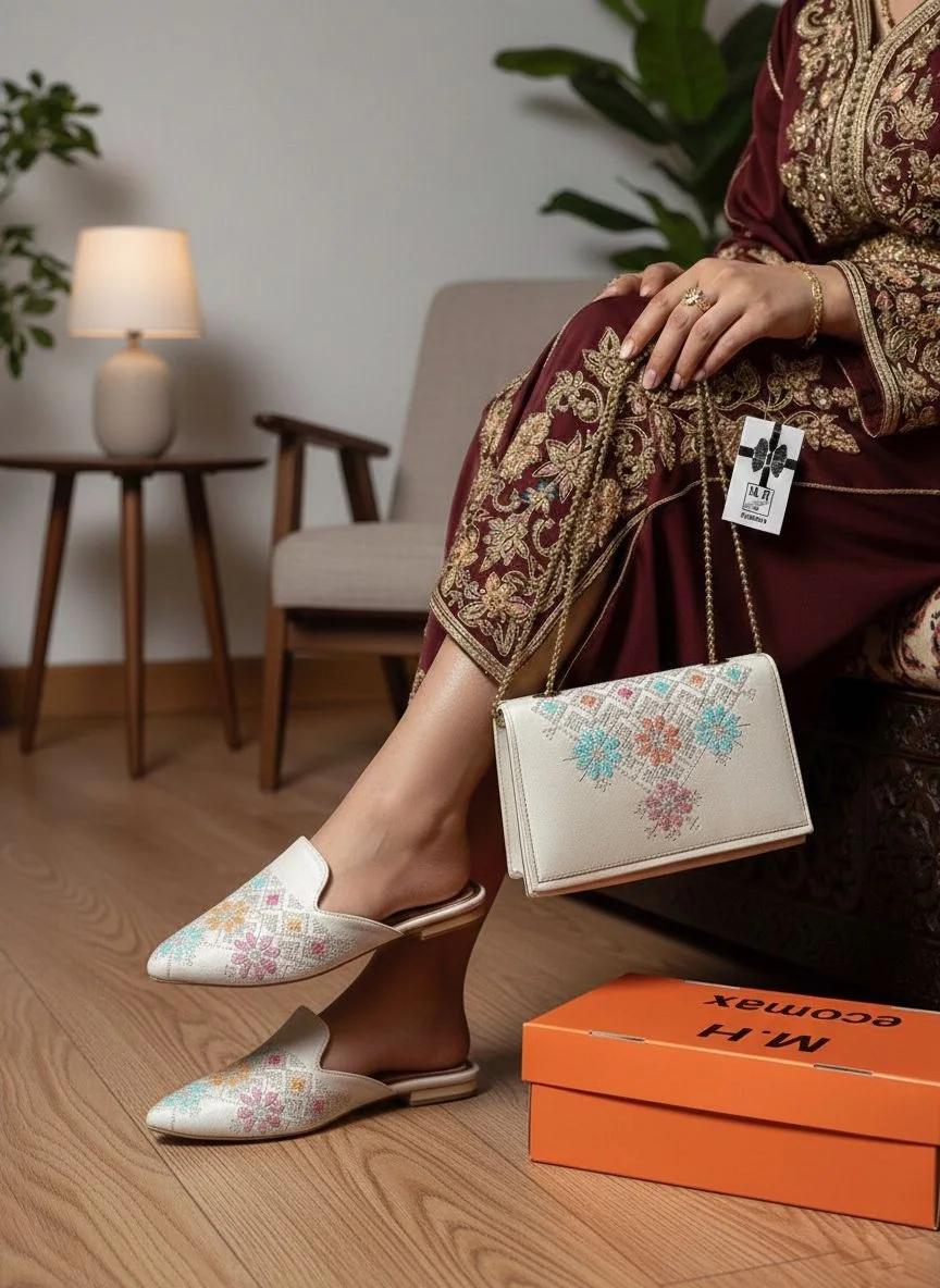 ✨طقم بلغة وحقيبة مغربية مطرزة – أناقة مميزة لإطلالتك في رمضان✨